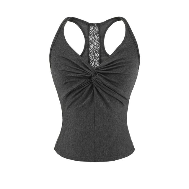 V-Neck Lace Panel Ruched Racerback Crop Tank