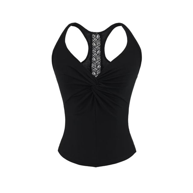 V-Neck Lace Panel Ruched Racerback Crop Tank