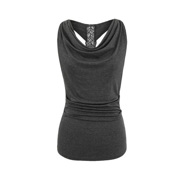 Cowl Neck Lace Panel Ruched Slim Fit Tank Top