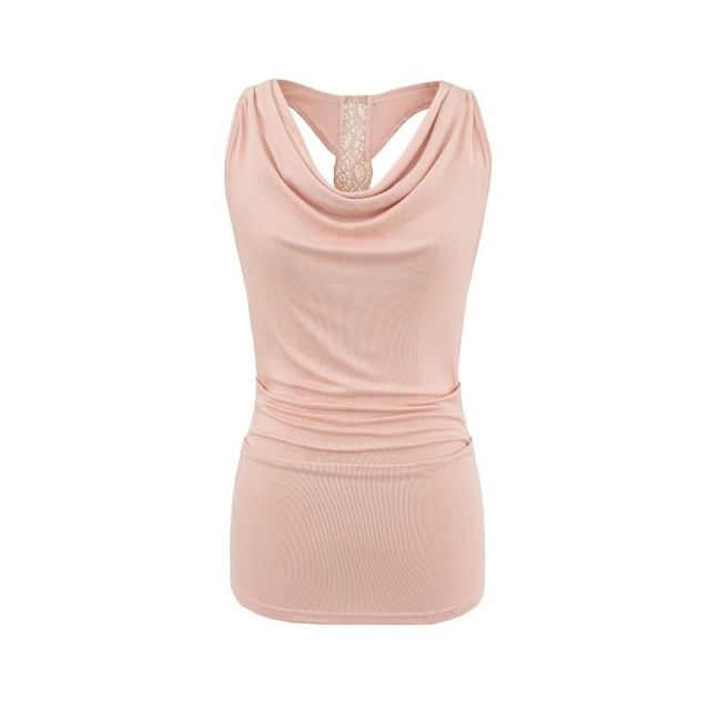 Cowl Neck Lace Panel Ruched Slim Fit Tank Top