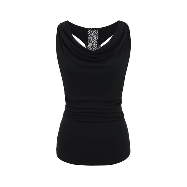 Cowl Neck Lace Panel Ruched Slim Fit Tank Top