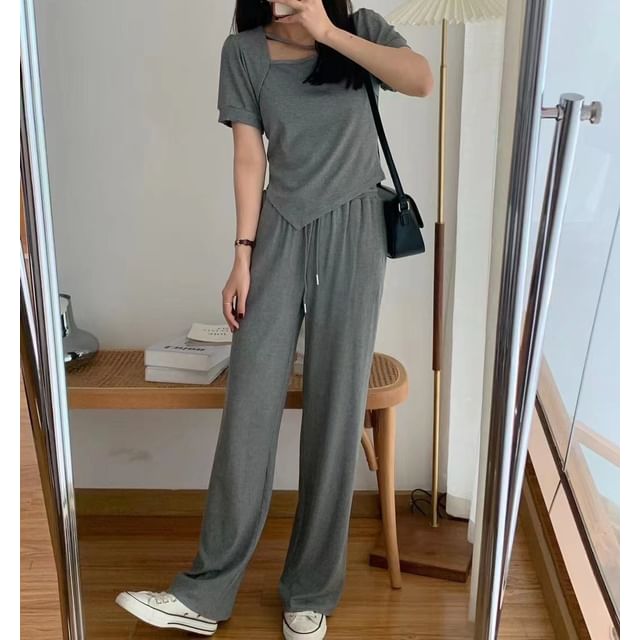 Asymmetric Short-Sleeved Crop Top & Drawstring Sweatpants Set