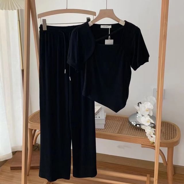 Asymmetric Short-Sleeved Crop Top & Drawstring Sweatpants Set