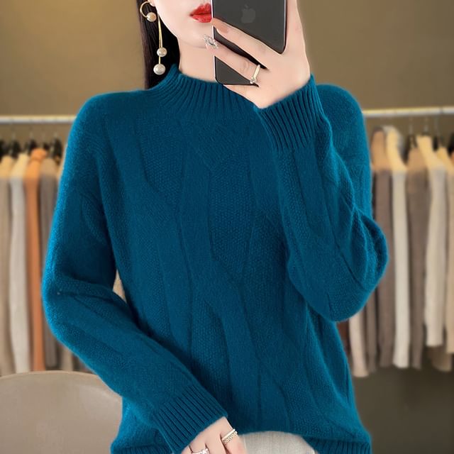 Plain Mock-Neck Knitted Pullover Sweater
