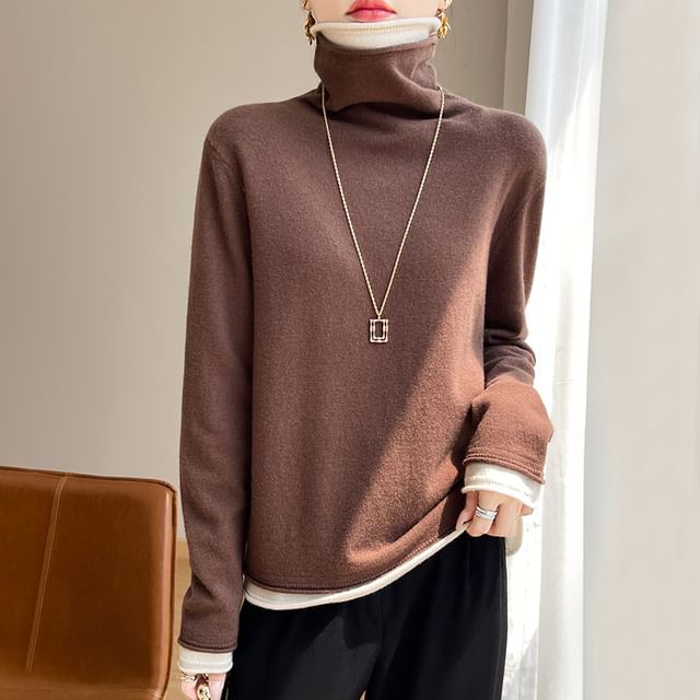 Mock Two-Piece Turtleneck Long-Sleeved Knit Top