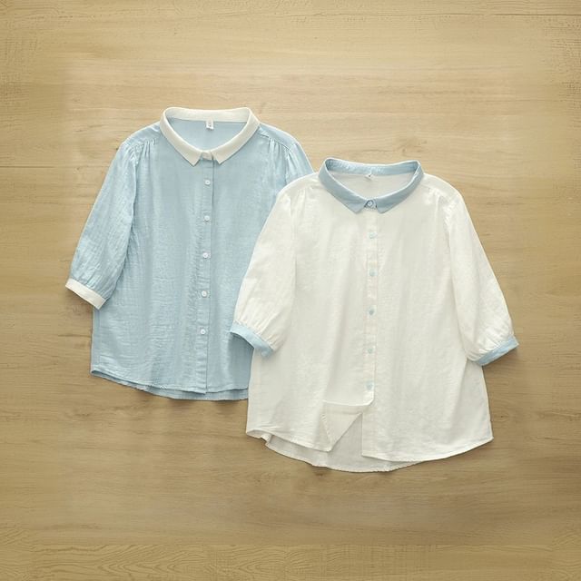 Elbow-Sleeved Contrast-Trimmed Plain Blouse