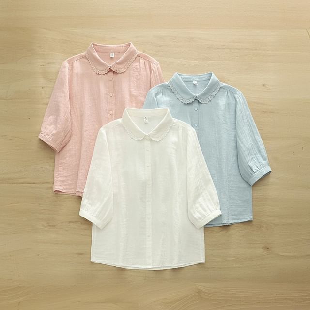 Puff-Sleeved Lace-Trimmed Plain Blouse