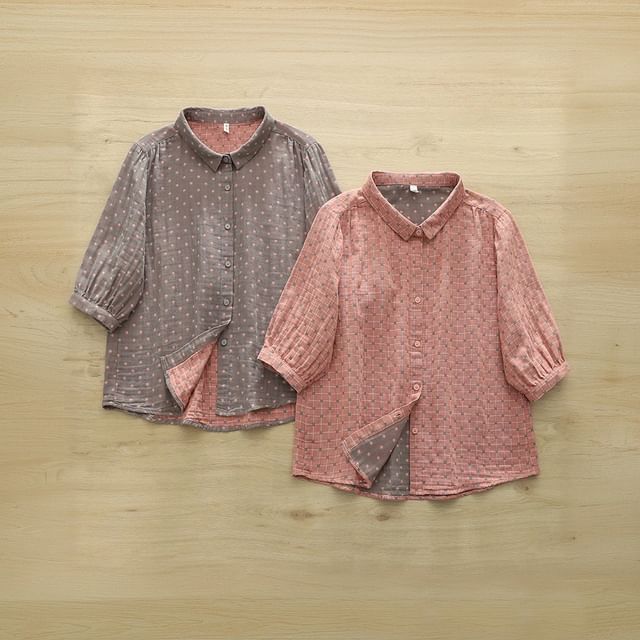 Plaid Puff-Sleeved Blouse