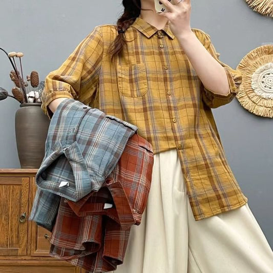 Plaid Puff-Sleeved Pocket-Front Blouse