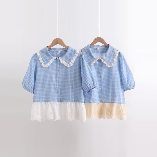 Puff-Sleeved Plaid Lace-Trimmed Blouse