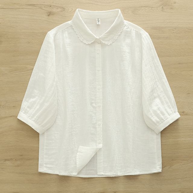 Puff-Sleeved Lace-Trimmed Plain Blouse