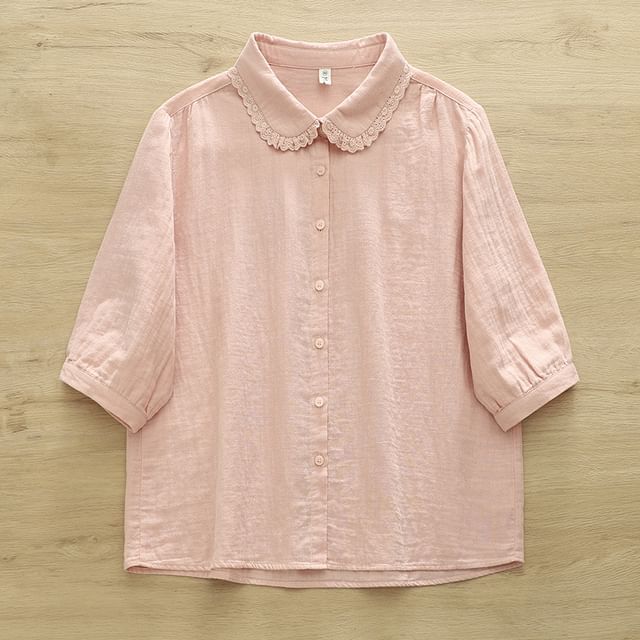 Puff-Sleeved Lace-Trimmed Plain Blouse