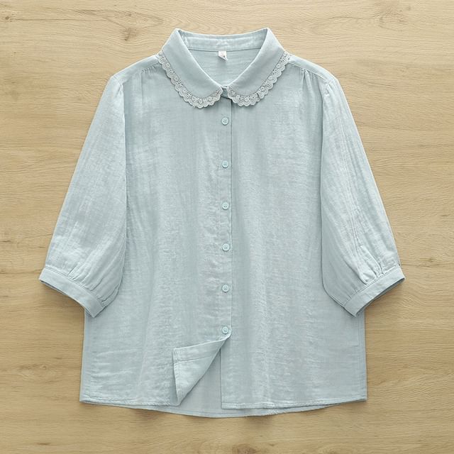 Puff-Sleeved Lace-Trimmed Plain Blouse