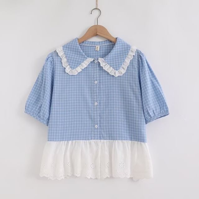 Puff-Sleeved Plaid Lace-Trimmed Blouse