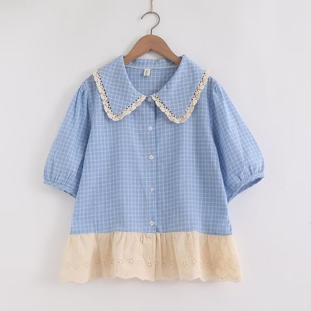 Puff-Sleeved Plaid Lace-Trimmed Blouse