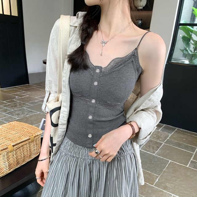 Lace Button-Panel Plain V-Necked Cami Top