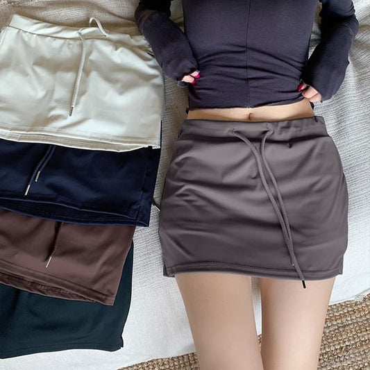 Drawstring Waist Mini Pencil Skirt Plain