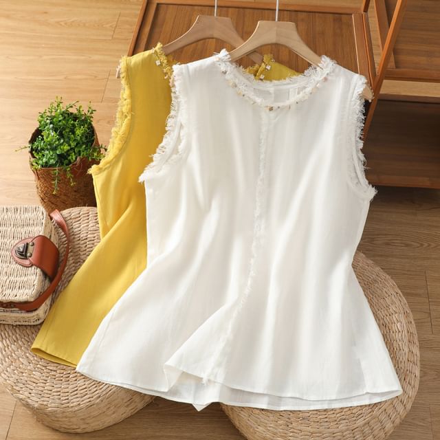 Fringe-Trimmed Sleeveless Plain Round-Necked Top