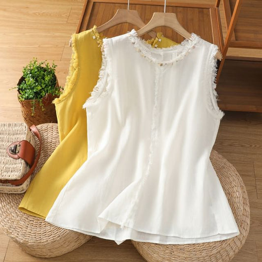 Fringe-Trimmed Sleeveless Plain Round-Necked Top