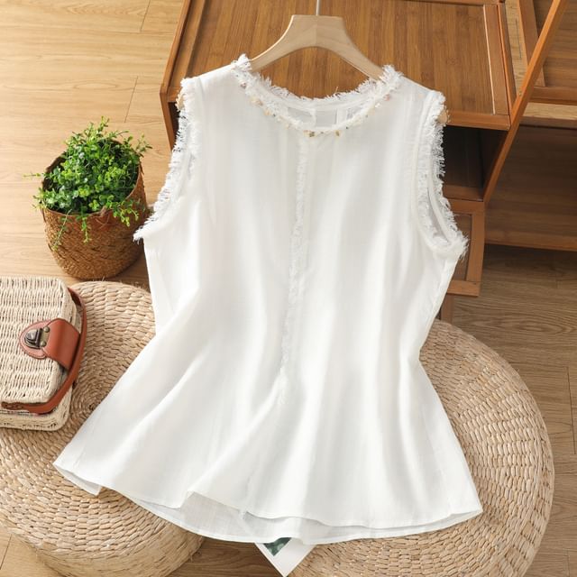 Fringe-Trimmed Sleeveless Plain Round-Necked Top