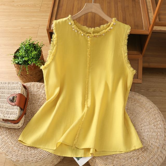 Fringe-Trimmed Sleeveless Plain Round-Necked Top