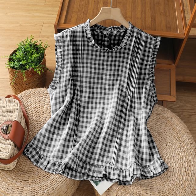Plaid Sleeveless Crew-Necked Ruffled Blouse
