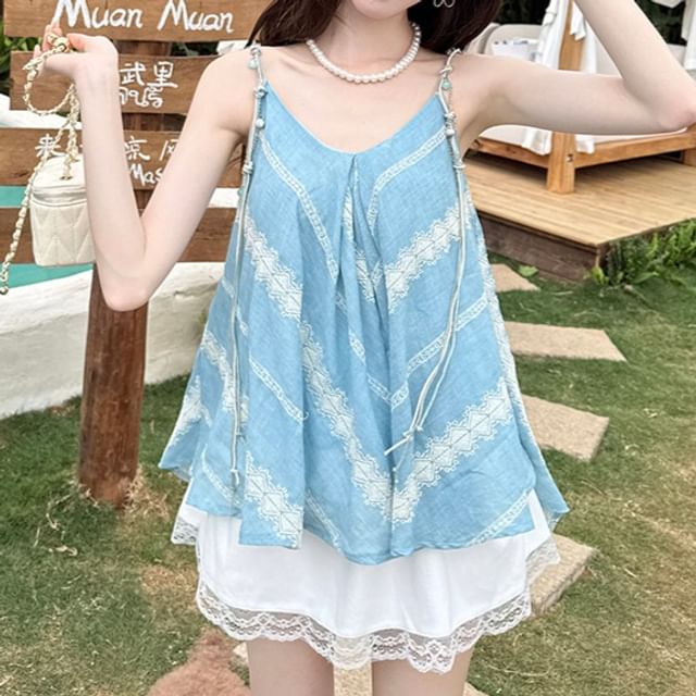 Lace-Trim V-Neck Spaghetti-Strap Cami with Mini Pencil Skirt