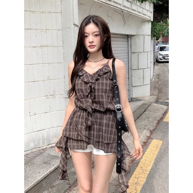 Plaid Spaghetti-Strap V-Necked Ruffled Camisole Top