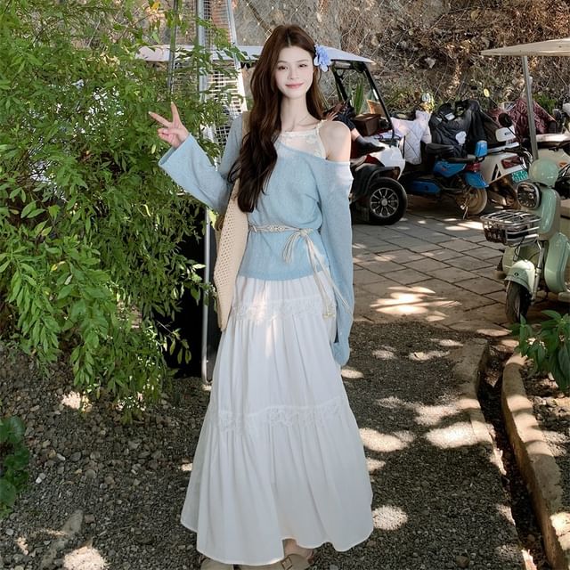 Lace-Paneled Cold-Shoulder Mock Two-Piece Long-Sleeved Tee with High-Waisted Maxi A-Line Skirt and String Belt Set