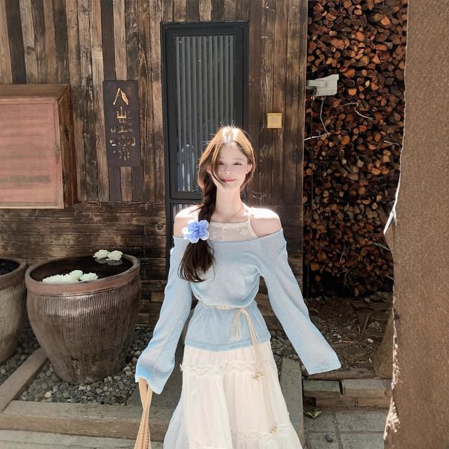 Lace-Paneled Cold-Shoulder Mock Two-Piece Long-Sleeved Tee with High-Waisted Maxi A-Line Skirt and String Belt Set