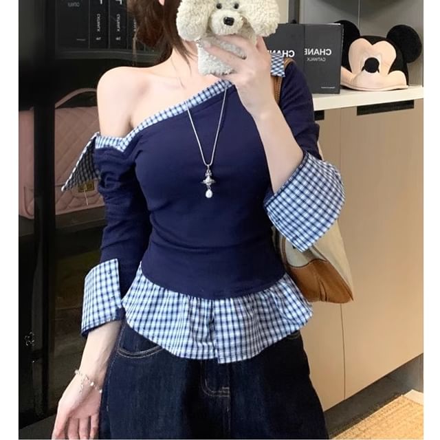 Plaid-Paneled Asymmetric Mock Two-Piece Long-Sleeved Knit Top
