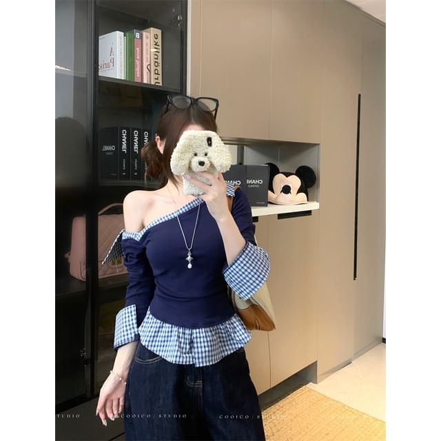 Plaid-Paneled Asymmetric Mock Two-Piece Long-Sleeved Knit Top