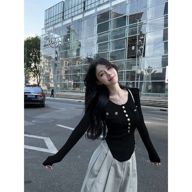 Plain Scoop-Hem Henley Long-Sleeved Round-Necked Knit Top