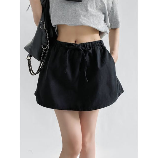 Drawstring Waist Plain A-Line Mini Skirt