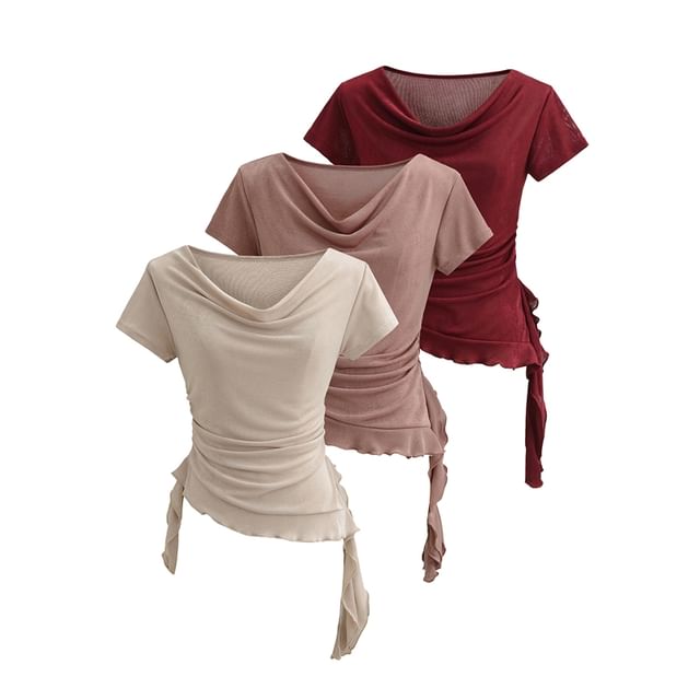 Cowl-Neck Short-Sleeved Ruffle Ruched Plain Top