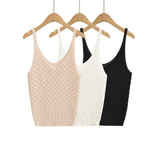 Pointelle Knit V-Neck Solid Camisole Top