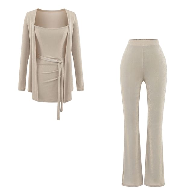 Open-Front Cardigan & Cami & Flared High-Waisted Pants Set