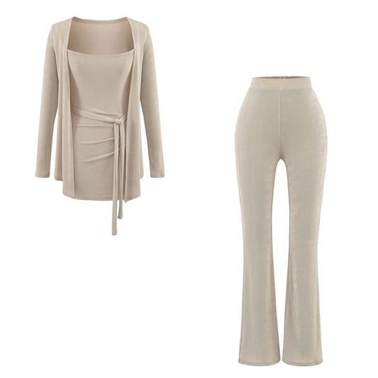 Open-Front Cardigan & Cami & Flared High-Waisted Pants Set