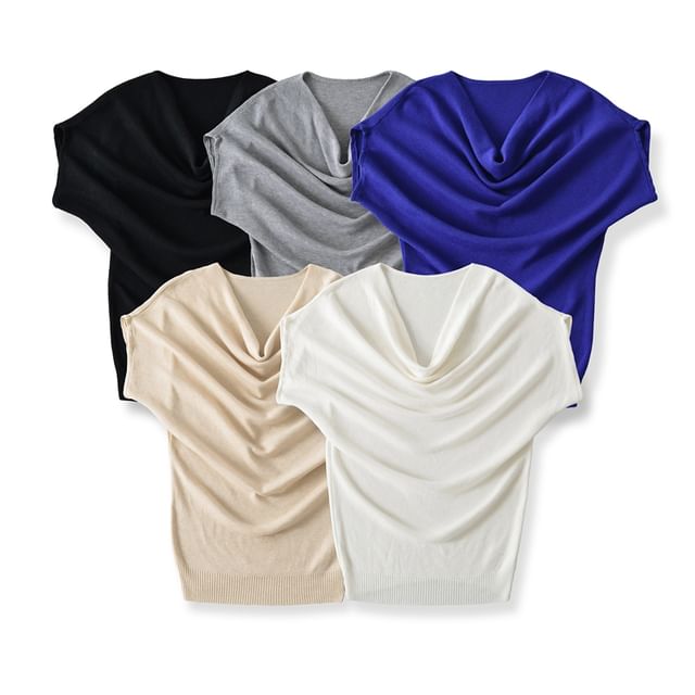 Cowl-Neck Short-Sleeved Plain Knitted Tee