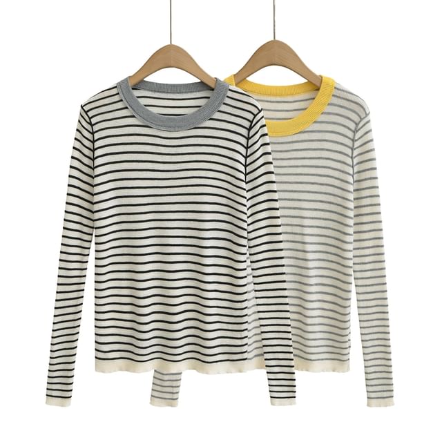 Striped Knit Round-Neck Long-Sleeved Top