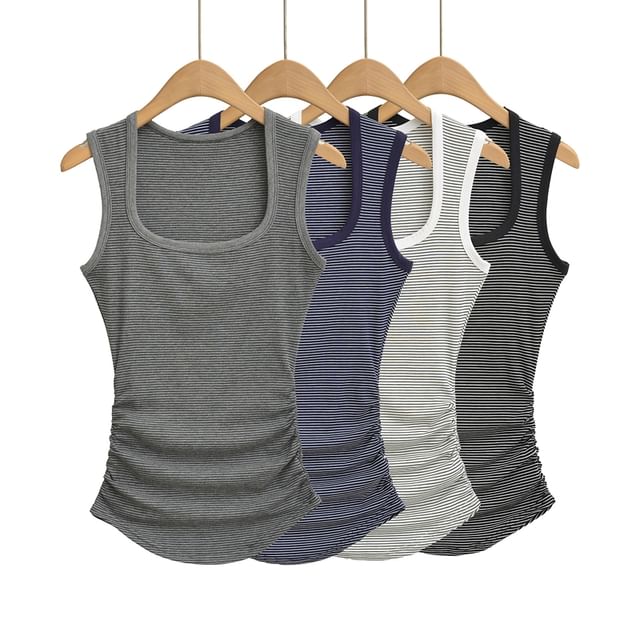 Striped Square-Neck Ruched Tank Top