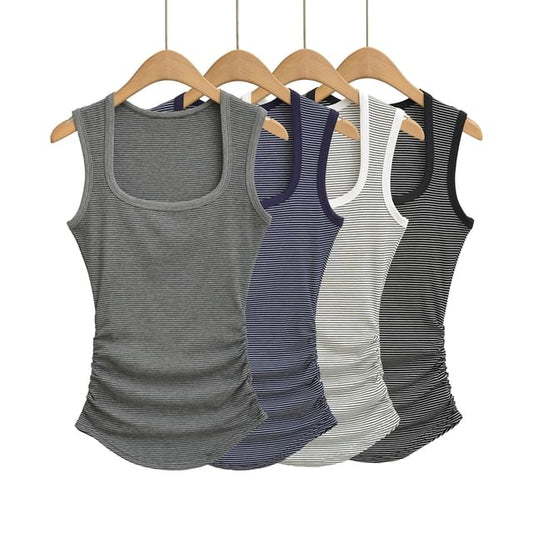 Striped Square-Neck Ruched Tank Top