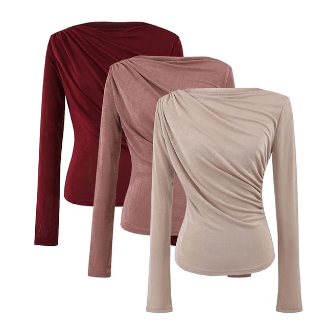 Boat-Neck Long-Sleeved Ruched Plain Top
