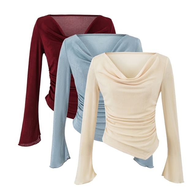 Cowl-Neck Long-Sleeved Asymmetric Ruched Plain Top