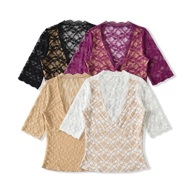 V-Neck Elbow-Sleeved Lace Overlay Blouse