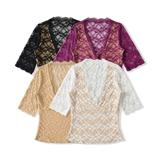 V-Neck Elbow-Sleeved Lace Overlay Blouse