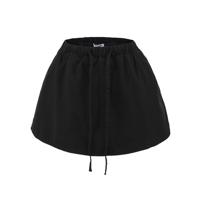 Drawstring Waist Plain A-Line Mini Skirt
