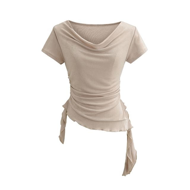 Cowl-Neck Short-Sleeved Ruffle Ruched Plain Top