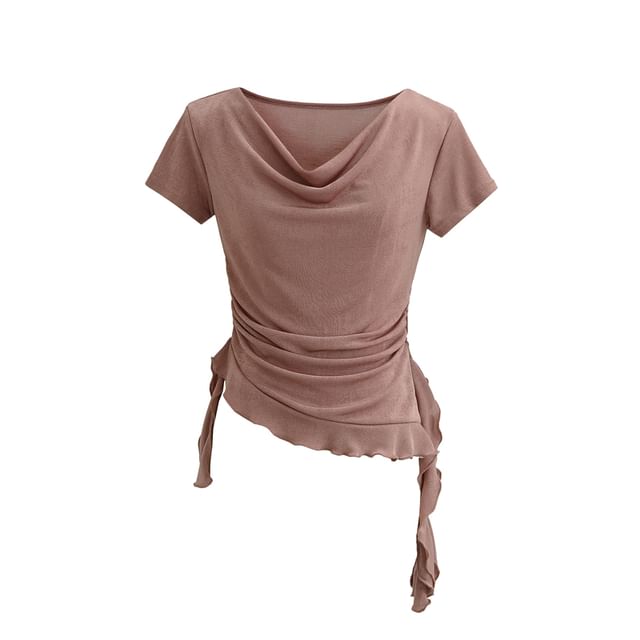 Cowl-Neck Short-Sleeved Ruffle Ruched Plain Top