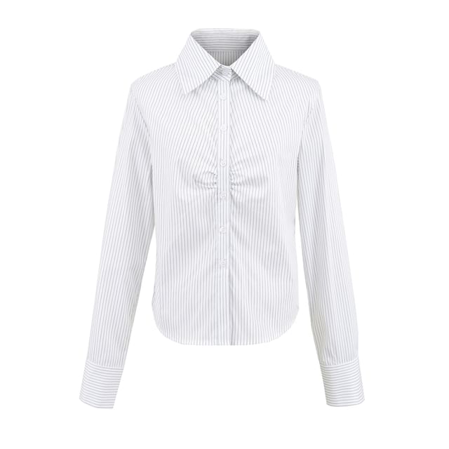 Collared Long-Sleeved Striped Ruched Blouse